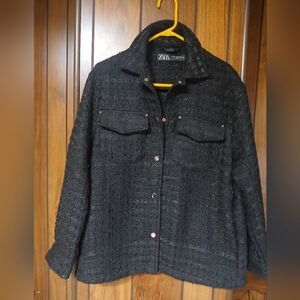 Zara Oversized Black Tweed Jacket Size XS